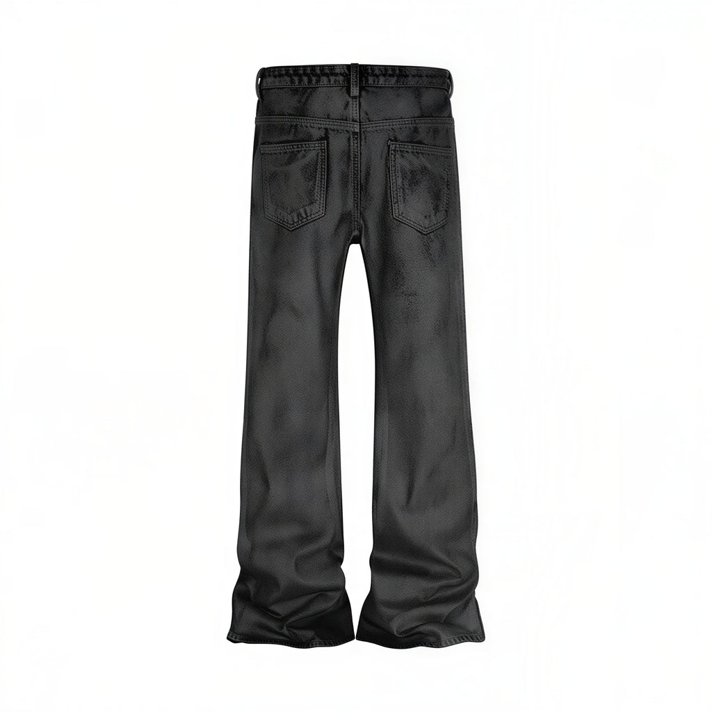 Flat lay black camo denim jeans rear pockets and waistband