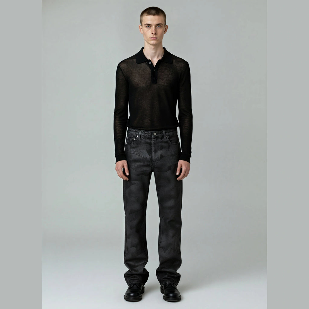 Front view of ASH CAMO DENIM black mid-rise straight-leg jeans with textured finish