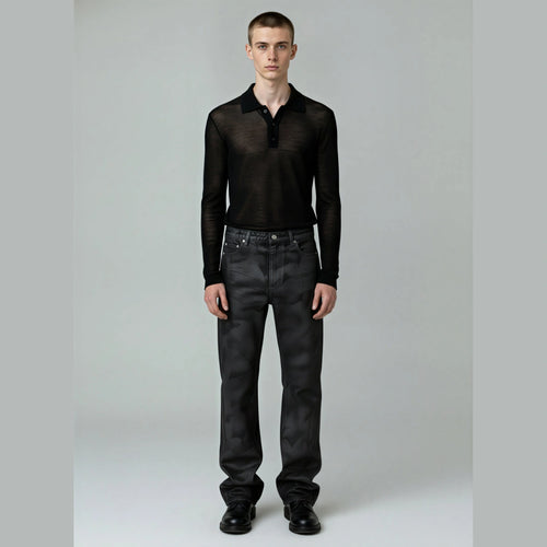 Front view of ASH CAMO DENIM black mid-rise straight-leg jeans with textured finish