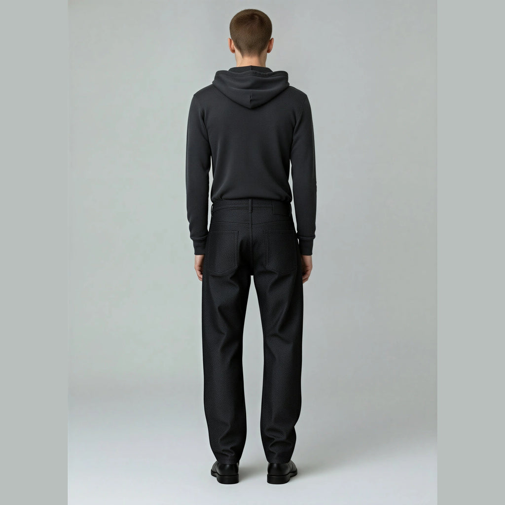 Model wearing RAW BLACK DENIM straight-leg jeans from back highlighting mid-rise fit and pocket stitching