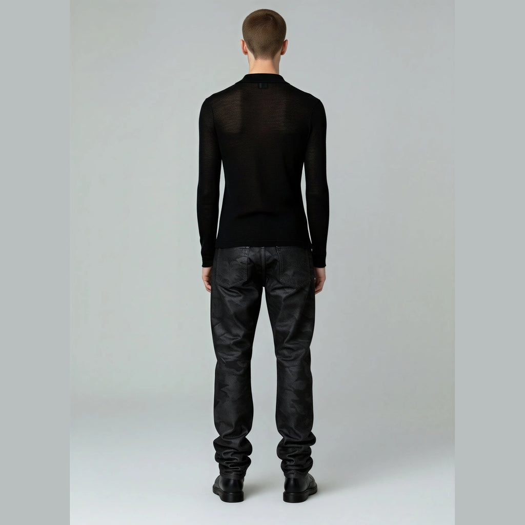 Back view of ASH CAMO DENIM black straight-leg jeans with tonal camo texture