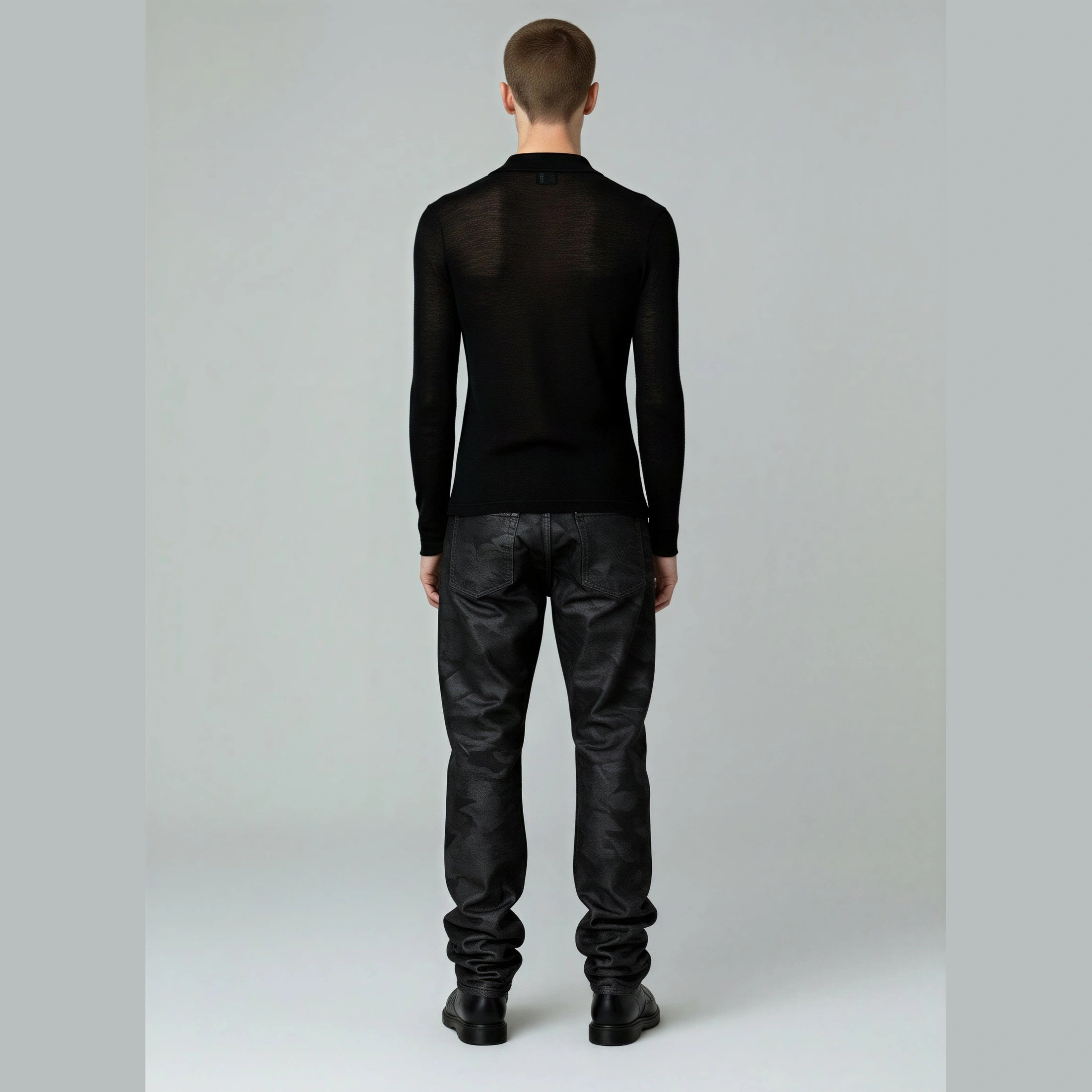 Back view of ASH CAMO DENIM black straight-leg jeans with tonal camo texture
