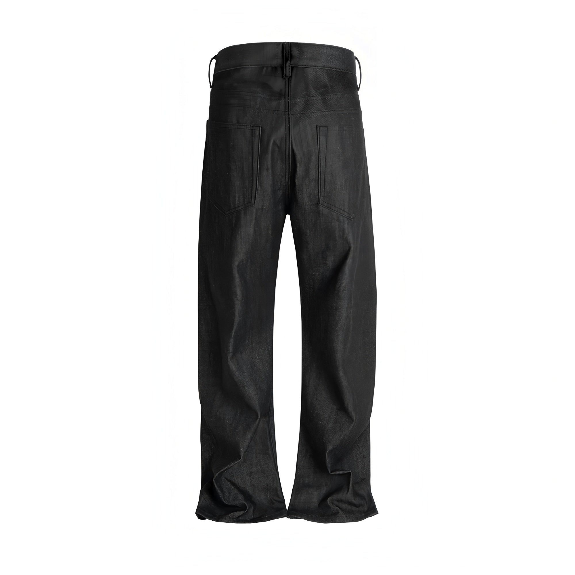 Back view of RAW BLACK DENIM straight-leg pants with rear patch pockets and raw cotton texture