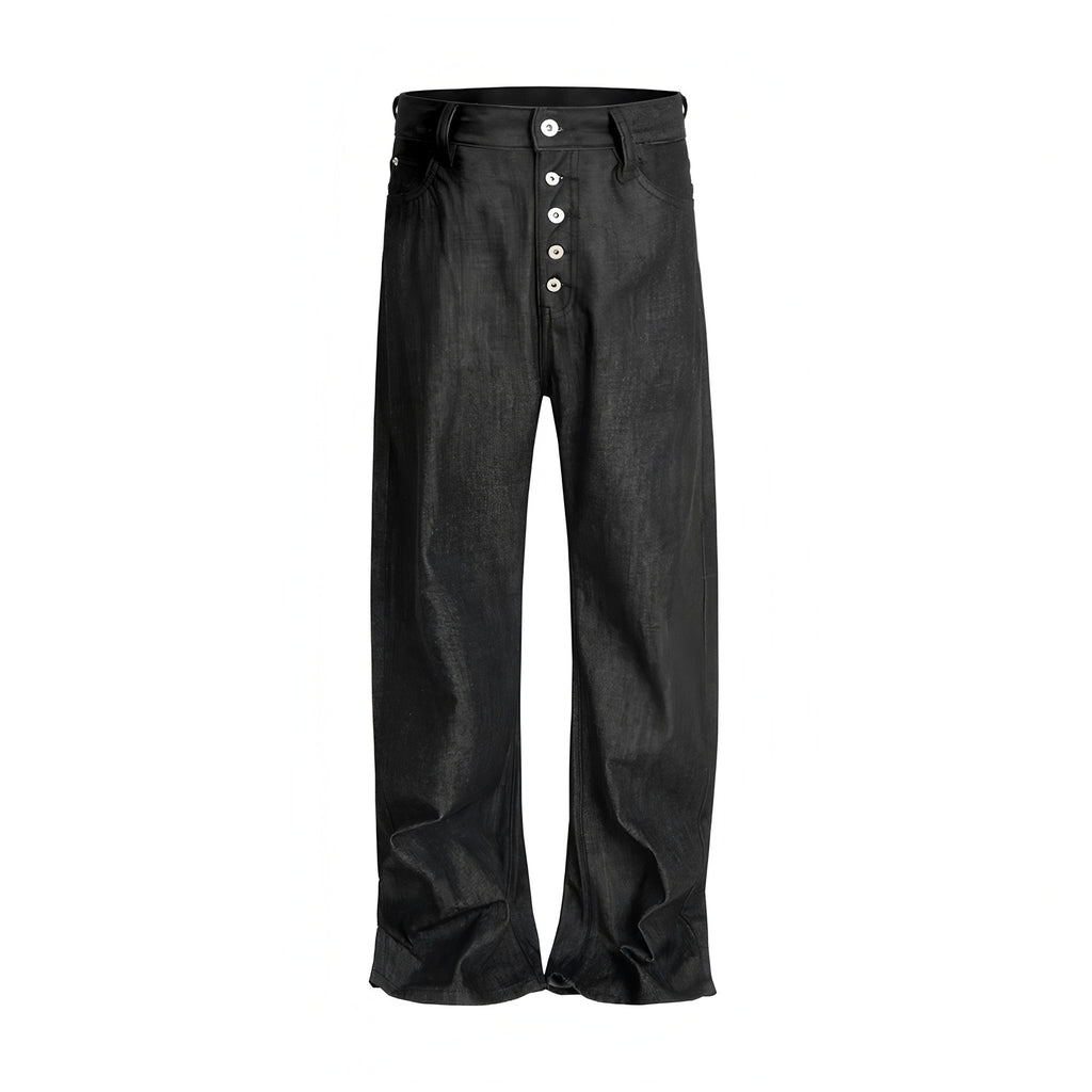 Flat lay of RAW BLACK DENIM straight-cut pants with five-button fly and matte raw cotton fabric