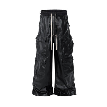 RO Style Matte PU Leather Pants for Men High Street Y2k Pantalones Hombre Baggy Overall Wide Leg Drawstring Cargo Pants - FAITH IS WAR