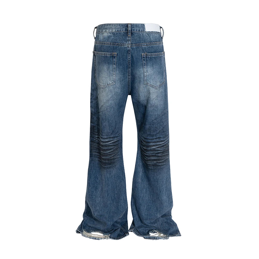 High Street Frayed Washed Blue Dirty Flare Jeans Pants for Men and Women Ripped Damaged Casual Boot Cut Oversize Denim Trousers - FAITH IS WAR