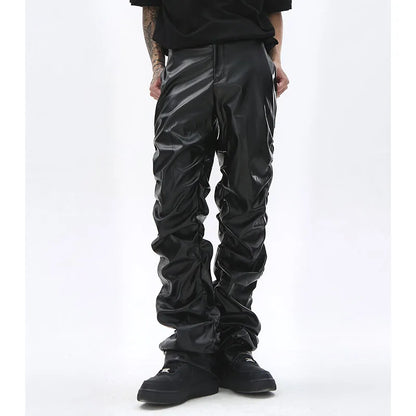 Hip Hop Mens Pleated Pu Leather Pants Harajuku Retro Streetwear Loose Ruched Casual Trousers Straight Solid Color Black Pants - FAITH IS WAR