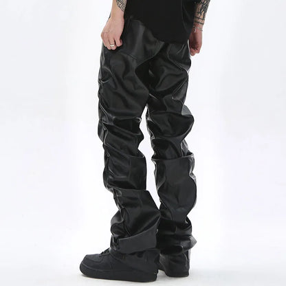 Hip Hop Mens Pleated Pu Leather Pants Harajuku Retro Streetwear Loose Ruched Casual Trousers Straight Solid Color Black Pants - FAITH IS WAR