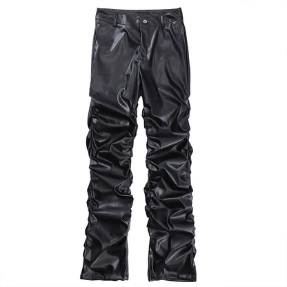 Hip Hop Mens Pleated Pu Leather Pants Harajuku Retro Streetwear Loose Ruched Casual Trousers Straight Solid Color Black Pants - FAITH IS WAR