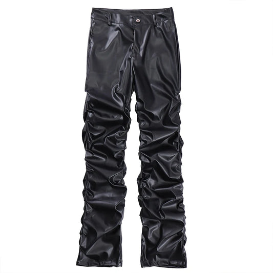 Hip Hop Mens Pleated Pu Leather Pants Harajuku Retro Streetwear Loose Ruched Casual Trousers Straight Solid Color Black Pants - FAITH IS WAR