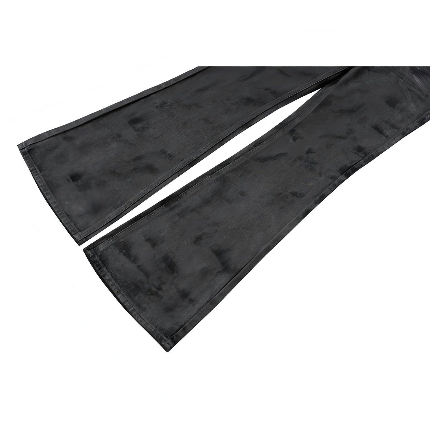 Black denim pants lower leg split hem and mottled texture detail